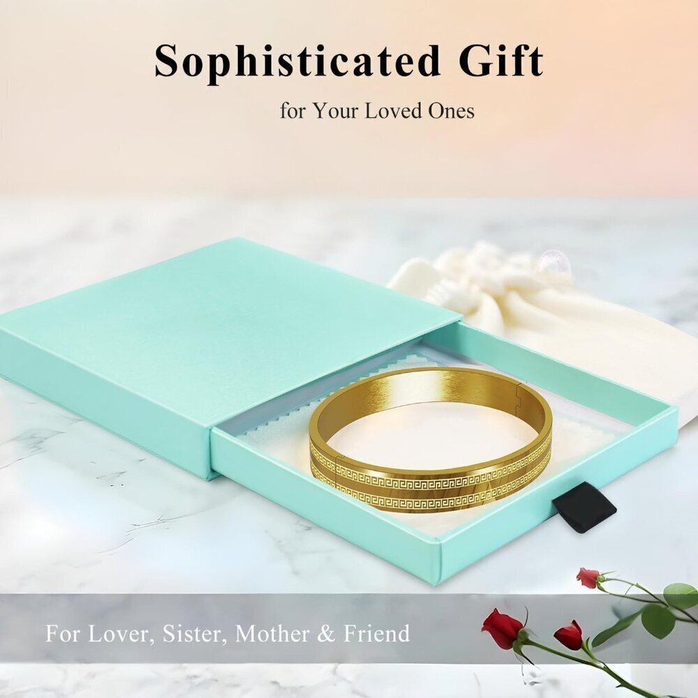 Gold Bangle Bracelet Women Stainless Steel 7.1in Greek Key Gift Holiday - Picture 6 of 8